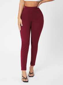 SHEIN PETITE Slant Pocket Skinny Pants - Burgundy - View 3