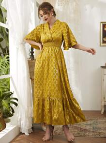 Modelyn 金色格紋圖案翻領打褶A字型連衣裙 - 黃色 - 查看 6