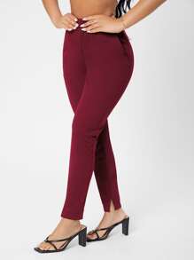 SHEIN PETITE Slant Pocket Skinny Pants - Burgundy - View 4