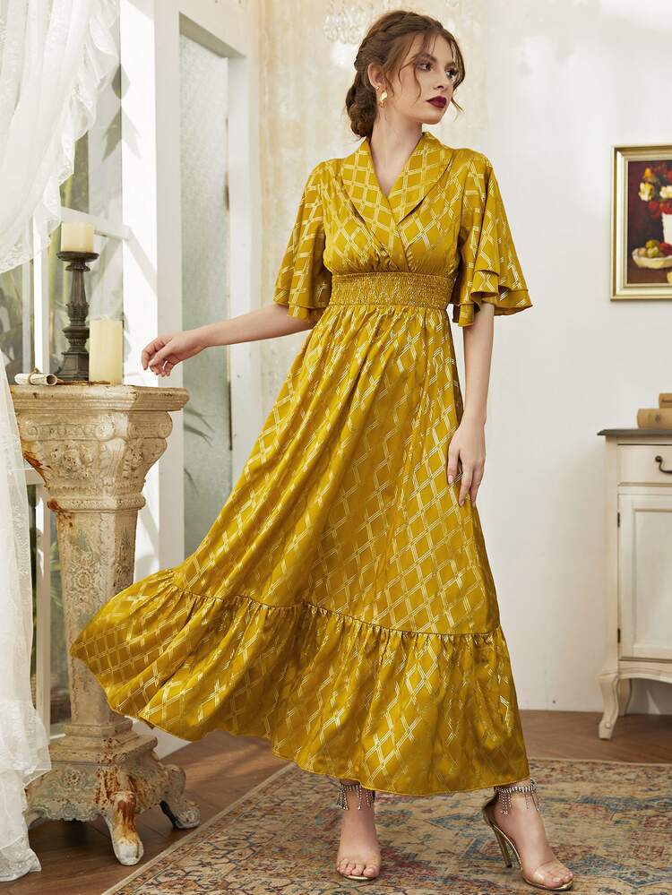 Gold Plaid Print Shawl Collar Shirred Waist A-line Dress