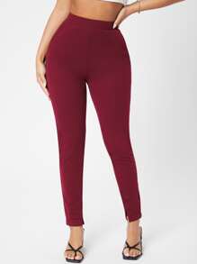 SHEIN PETITE Slant Pocket Skinny Pants - Burgundy - View 5