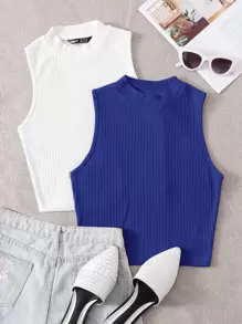 SHEIN EZwear 2件組羅紋針織背心上衣 - 藍白色 - 查看 1