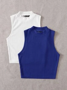 SHEIN EZwear 2件組羅紋針織背心上衣 - 藍白色 - 查看 5