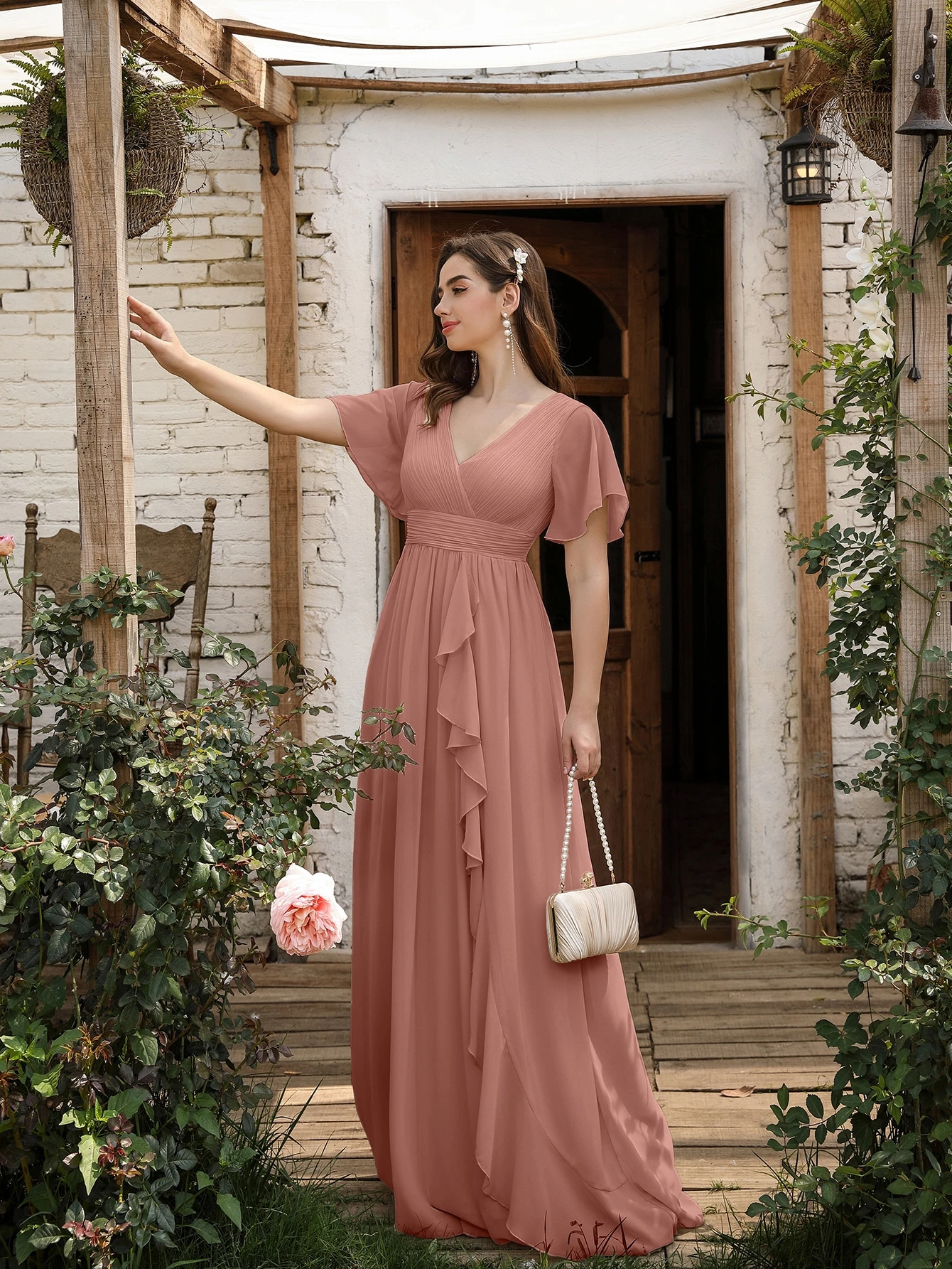 Abito Midi In Chiffon Con Strass E Volant – Manica Corta, Scollo Rotondo, Fessura Laterale – Perfetto Per Cocktail E Cerimonie