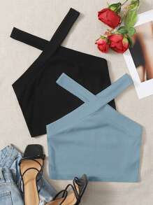 SHEIN EZwear 2 Packs Crisscross Crop Halter Top - Multicolor - View 1