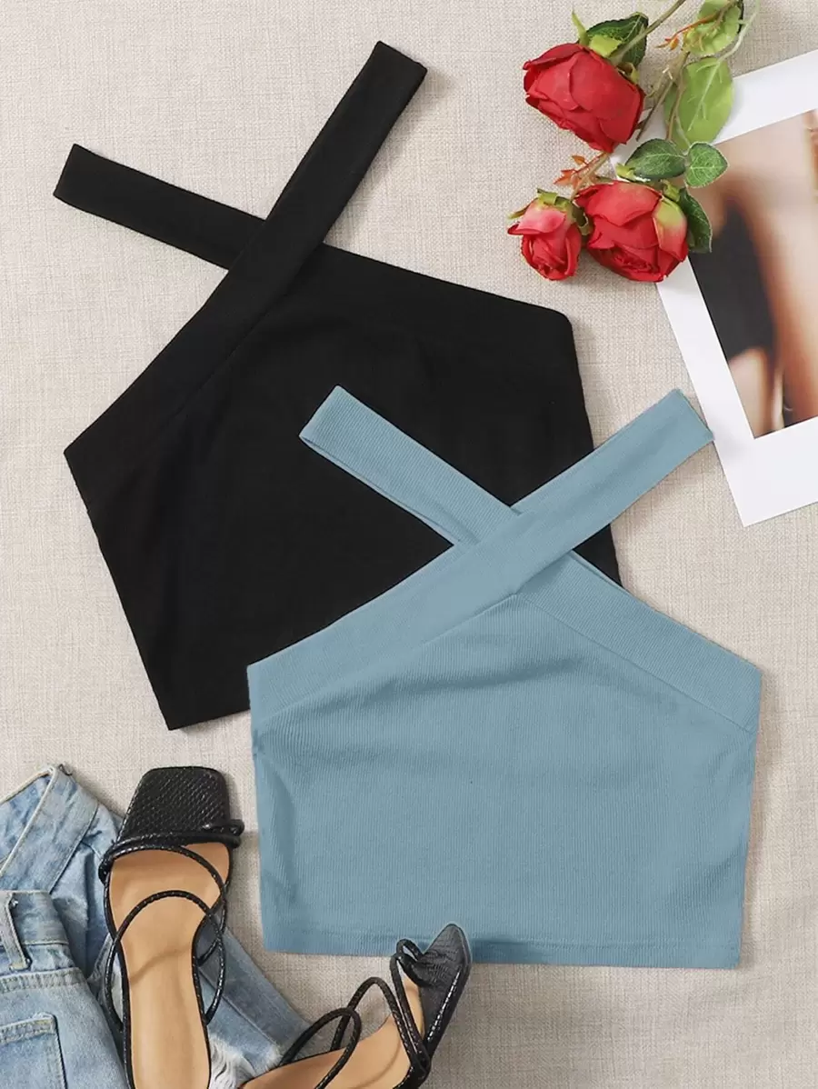 SHEIN EZwear 2 Packs Crisscross Crop Halter Top - Multicolor - View 1