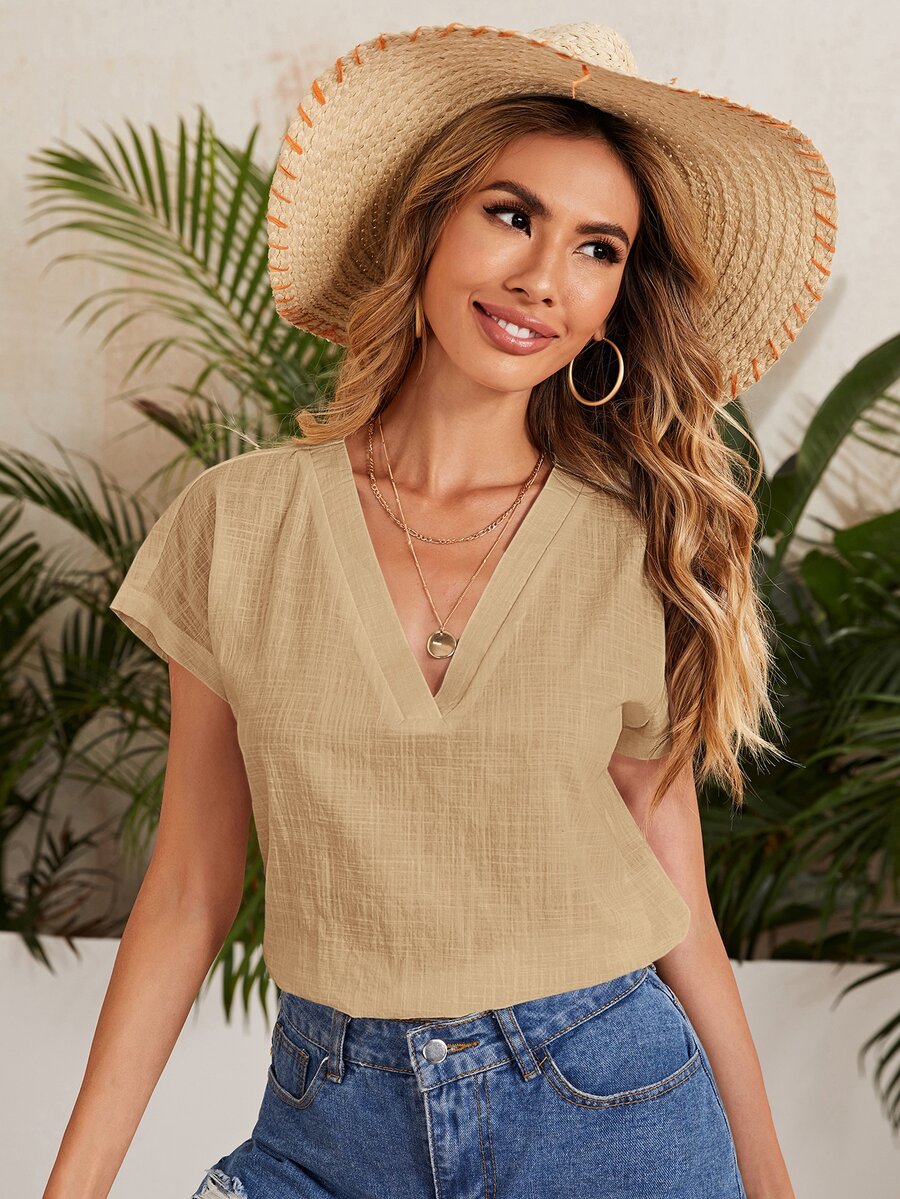 SHEIN LUNE Top unicolor de manga murciélago - Caqui - Ver 1