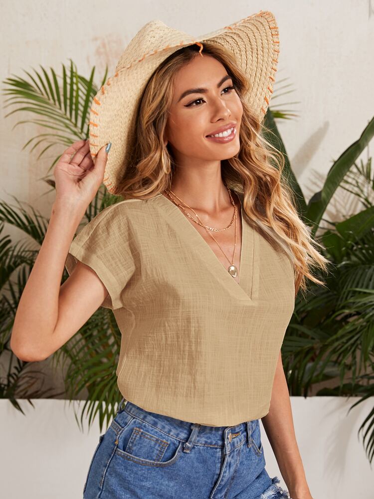 SHEIN LUNE Batwing Sleeve Solid Top - Khaki - View 3