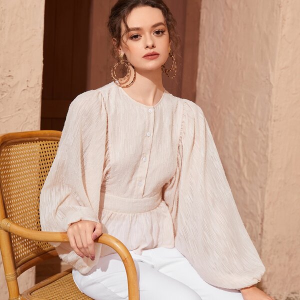 

Half Button Lantern Sleeve Peplum Blouse, Beige