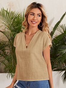 SHEIN LUNE Top unicolor de manga murciélago - Caqui - Ver 4