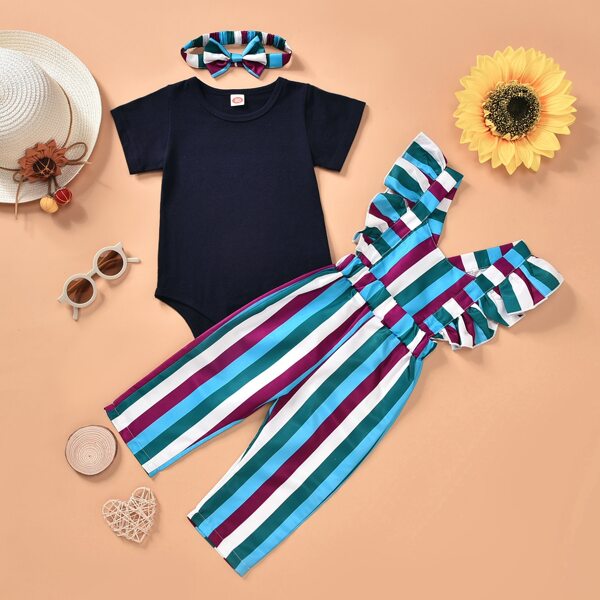 

Baby Girl Popper Romper & Striped Overall & Headband, Multicolor