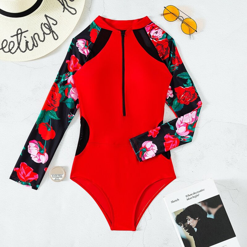

Floral Print Zip Front One Piece Swimsuit, Red