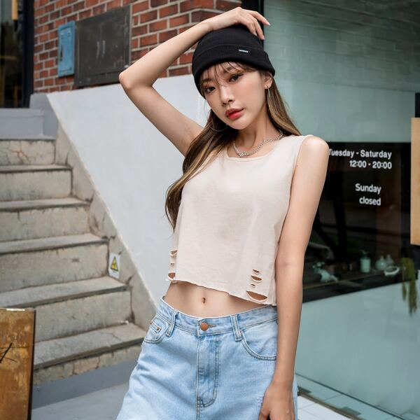 

Solid Cut Out Tank Top, Beige