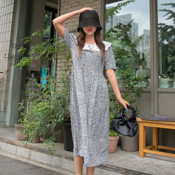 

Plants Print Contrast Collar Dress, Black and white