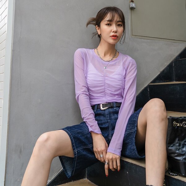 

Sheer Mesh Ruched Front Top, Lilac purple