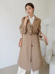 DAZY 素色單排釦腰帶風衣外套 - 卡其色 - 查看 5