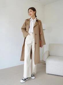 DAZY 素色單排釦腰帶風衣外套 - 卡其色 - 查看 8