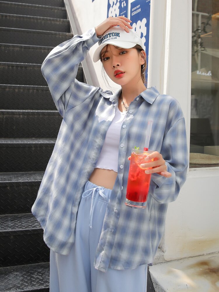 DAZY Plaid Print Button Front Blouse - Dusty Blue - View 1