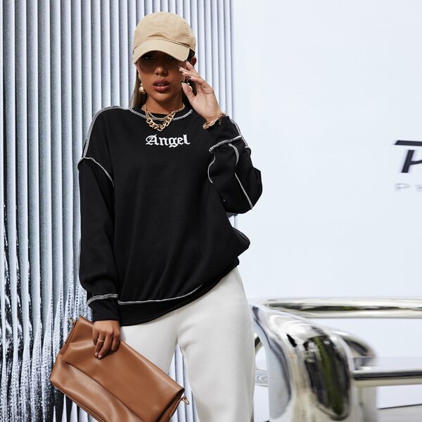 

Letter Graphic Contrast Topstitching Drop Shoulder Sweatshirt, Black