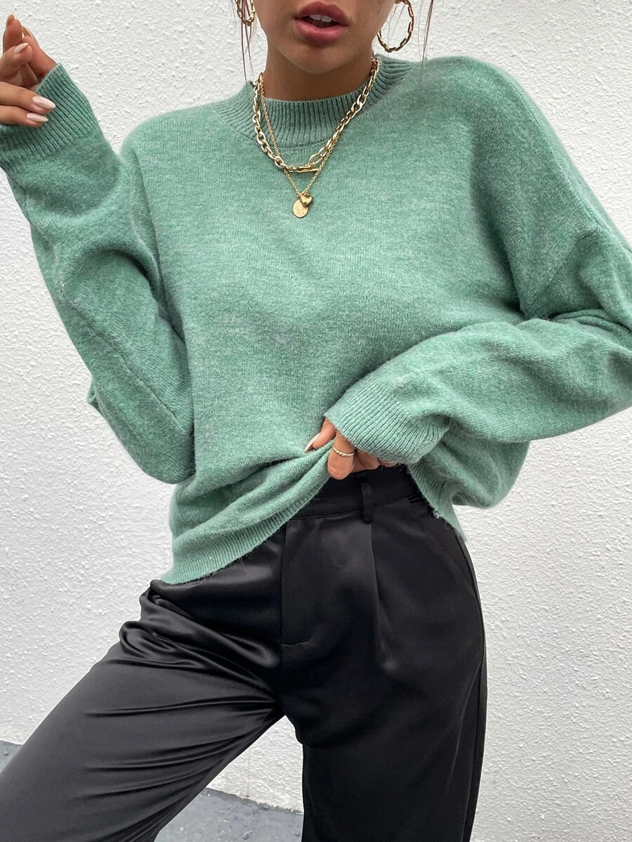 Lunelith SHEIN Lunessa Mock Neck Drop Shoulder Sweater Knit Pullover Fall Winter Outfit