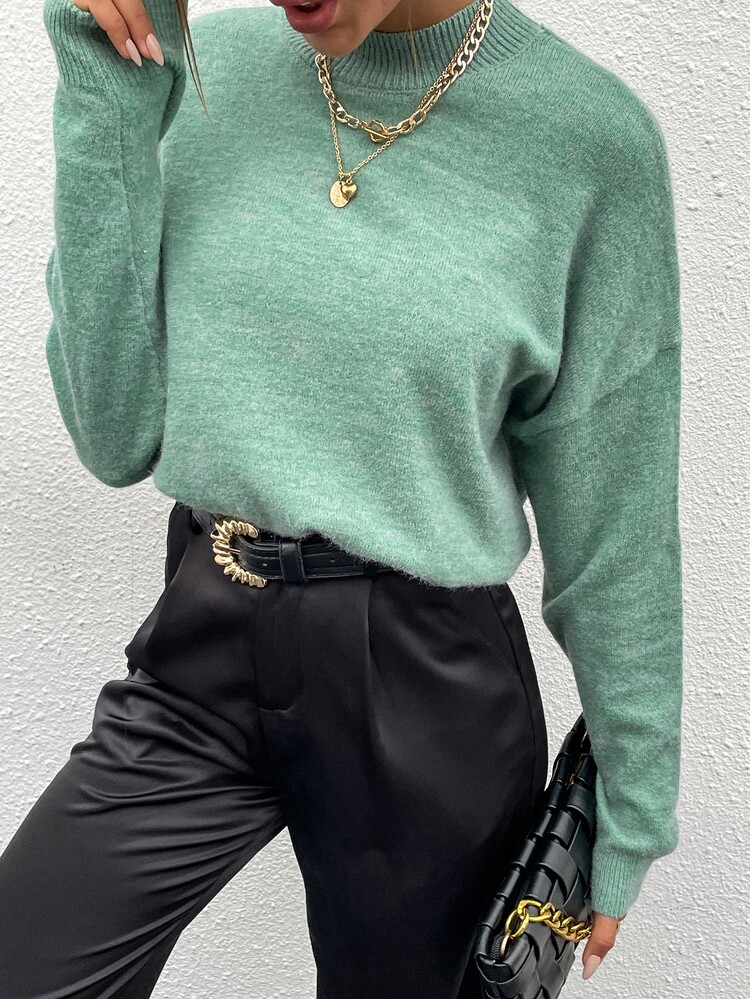 SHEIN Unity Mock Neck Drop Shoulder Sweater Knit Pullover Fall Winter - Green - View 5