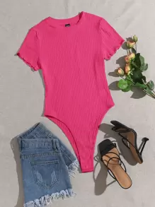 SHEIN EZwear Lettuce Trim Rib-knit Tee Bodysuit - Hot Pink - View 1