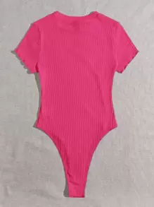 SHEIN EZwear Lettuce Trim Rib-knit Tee Bodysuit - Hot Pink - View 2