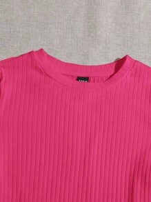 SHEIN EZwear Lettuce Trim Rib-knit Tee Bodysuit - Hot Pink - View 4
