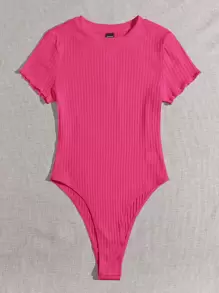 SHEIN EZwear Lettuce Trim Rib-knit Tee Bodysuit - Hot Pink - View 5