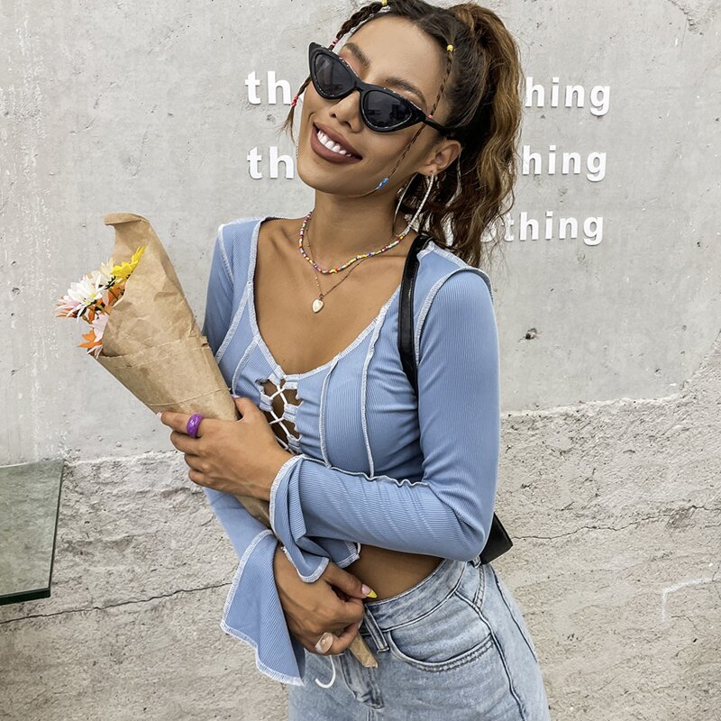 

Lace Up Front Crop Tee, Blue