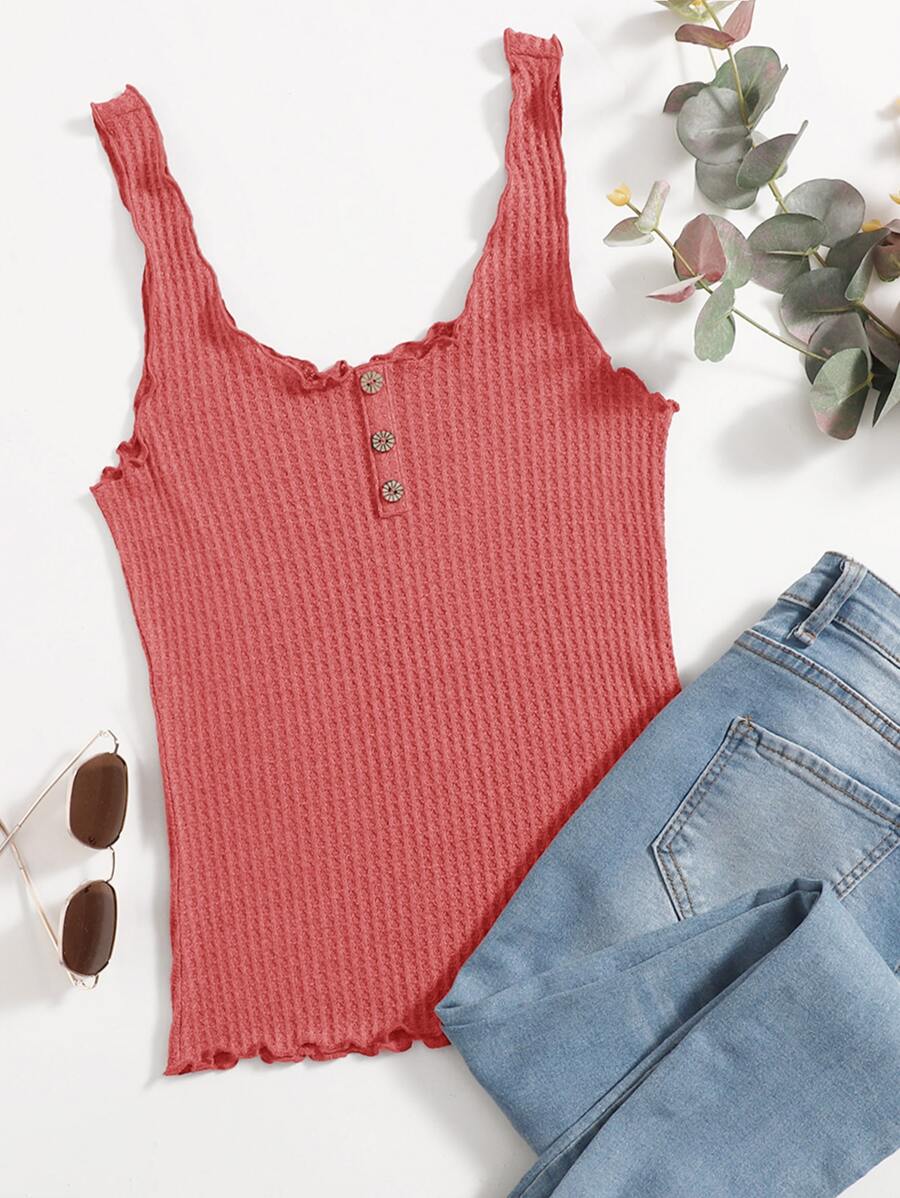 SHEIN Essnce Lettuce Trim Waffle Knit Tank Top - Watermelon Pink - View 1
