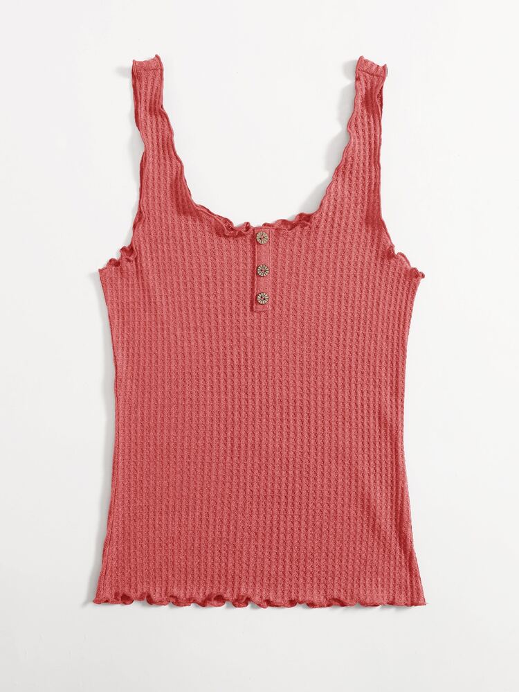 SHEIN Essnce Lettuce Trim Waffle Knit Tank Top - Watermelon Pink - View 3