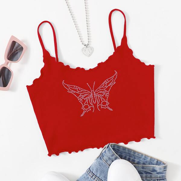 

Lettuce Trim Rhinestone Butterfly Crop Cami Top, Red