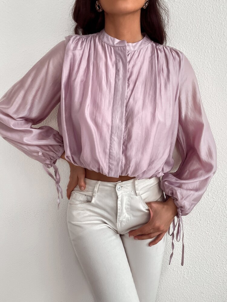 Solid Drawstring Shoulder Mock Neck Blouse - Lilac Purple - View 5