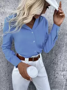 SHEIN LUNE Blusa unicolor con botón delantero de manga enrollada - Azul - Ver 3