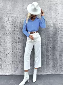 SHEIN LUNE Blusa unicolor con botón delantero de manga enrollada - Azul - Ver 6