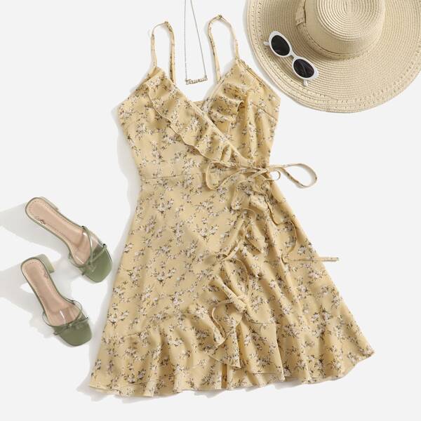 

Ditsy Floral Ruffle Trim Wrap Knot Slip Dress, Yellow