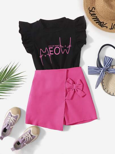 شورت فيونكة امامي مع لباس علوي بجرافيك رسوم كارتون للبنات الصغار