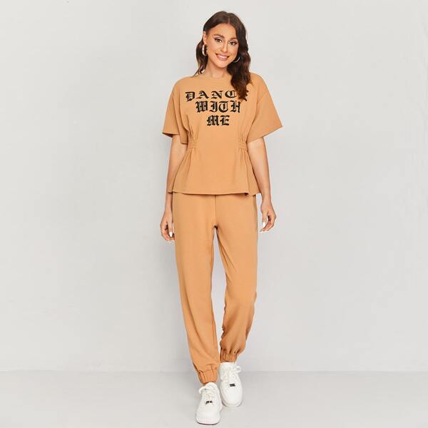 

Drop Shoulder Shirred Waist Letter Graphic Peplum Top & Pants Set, Orange