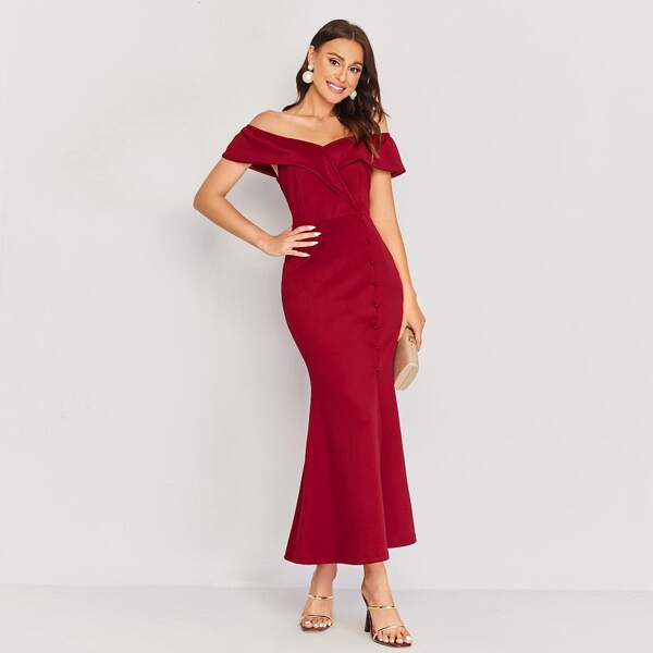 

Foldover Off Shoulder Slit Thigh Solid Dress, Burgundy
