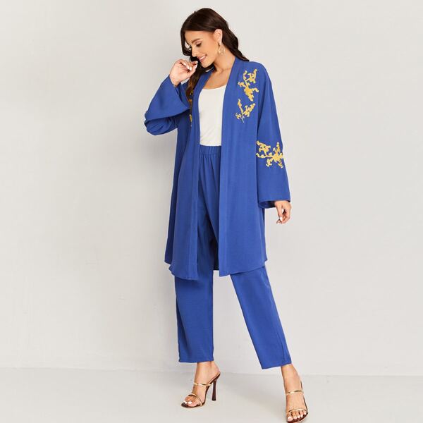 

Open Front Contrast Embroidered Coat & Pants Set, Royal blue