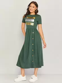 Seusyu Button Front Letter Graphic Dress - Dark Green - View 1
