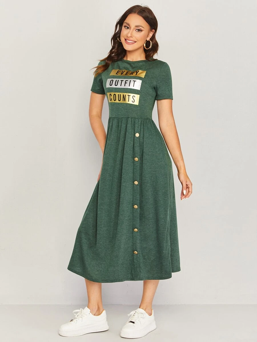 Seusyu Button Front Letter Graphic Dress - Dark Green - View 1
