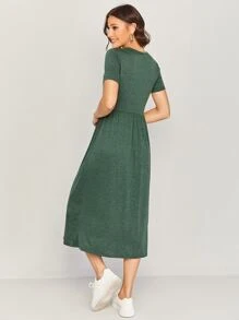 Seusyu Button Front Letter Graphic Dress - Dark Green - View 2