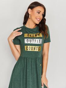 Seusyu Button Front Letter Graphic Dress - Dark Green - View 4
