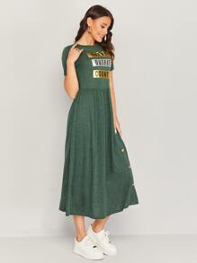 Seusyu Button Front Letter Graphic Dress - Dark Green - View 5