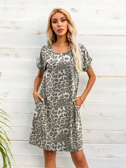 DEARCASE Leopard Print Slant Pocket Tee Dress