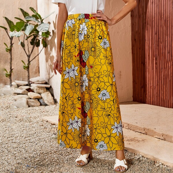 

Allover Floral Elastic Waist Skirt, Yellow