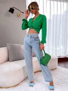 SHEIN EZwear Solid Twist Front Crop Blouse - Green - View 7