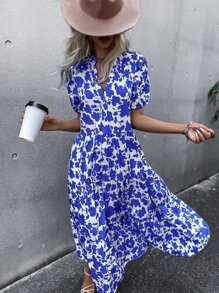 SHEIN LUNE All Over Print Notched Neck Ruffle Hem  Puff Sleeve Dress - Blue and White - View 1